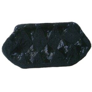 Vintage Bon Soir Black Beaded Clutch Purse Italian Beads With Gift Bracelet